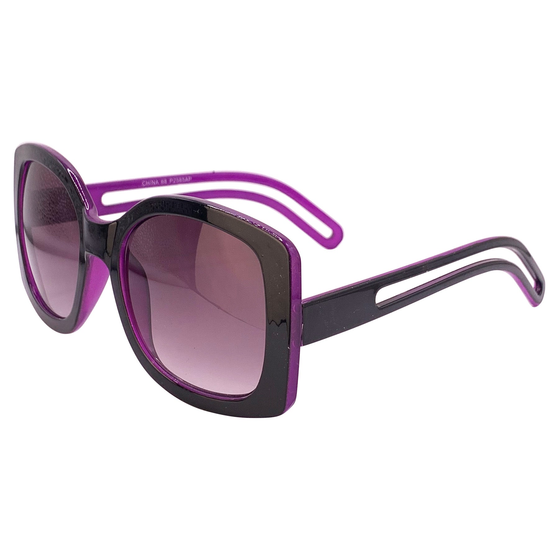 Oversized square boho sunglasses with a black outer frame, smoke lenses, and a purple inner frame, offering a stylish and trendy look for sunny days. Perfect for a chic, laid-back fashion statement.