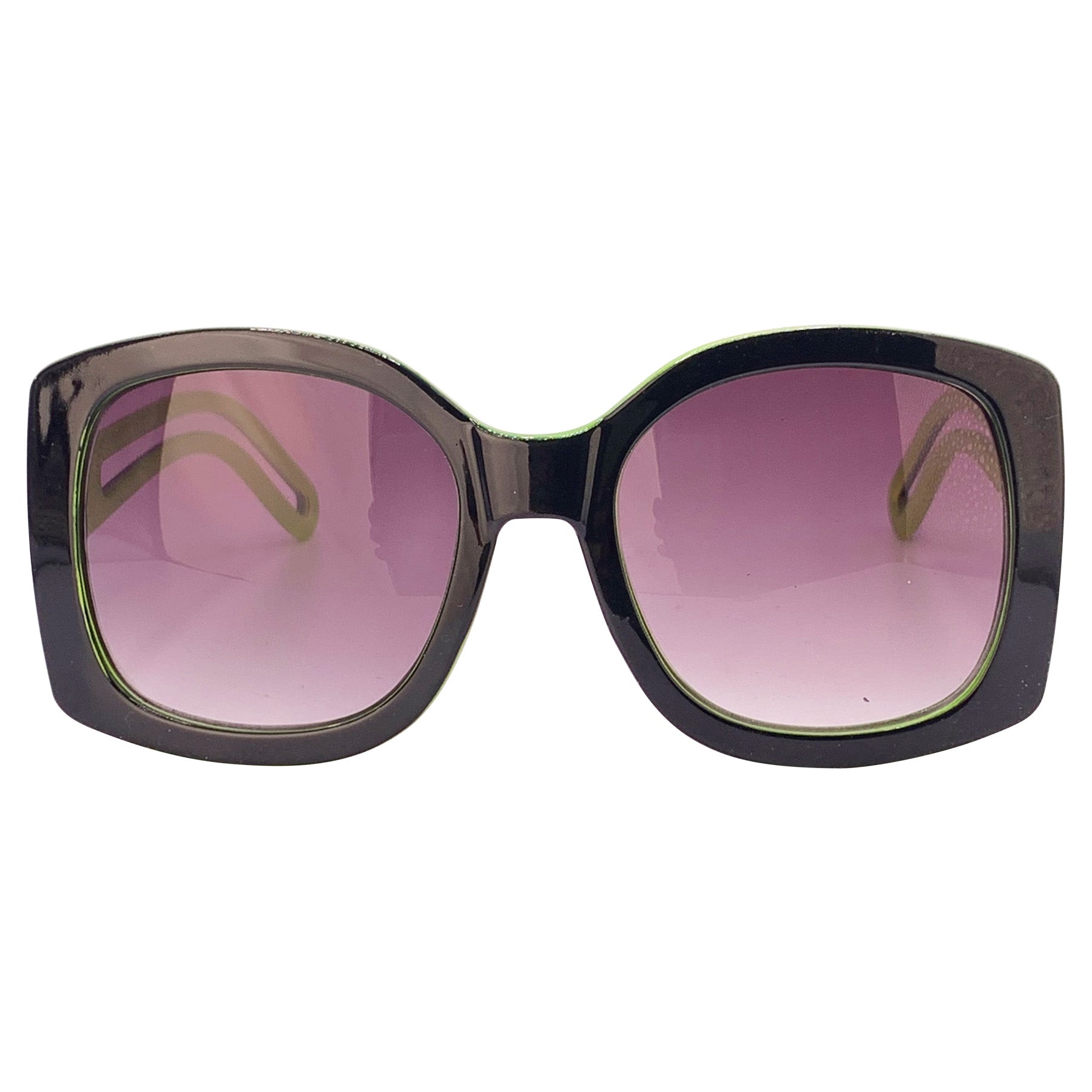 Oversized square boho sunglasses with a black outer frame, smoke lenses, and a green inner frame, offering a stylish and trendy look for sunny days. Perfect for a chic, laid-back fashion statement.