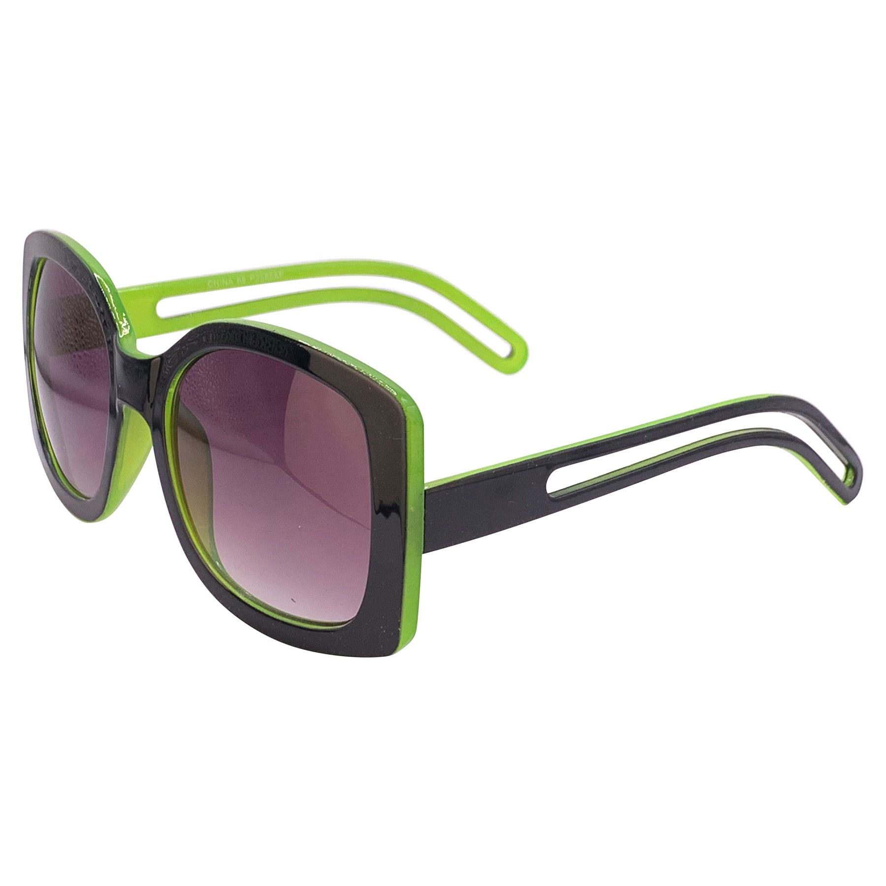 Oversized square boho sunglasses with a black outer frame, smoke lenses, and a green inner frame, offering a stylish and trendy look for sunny days. Perfect for a chic, laid-back fashion statement.