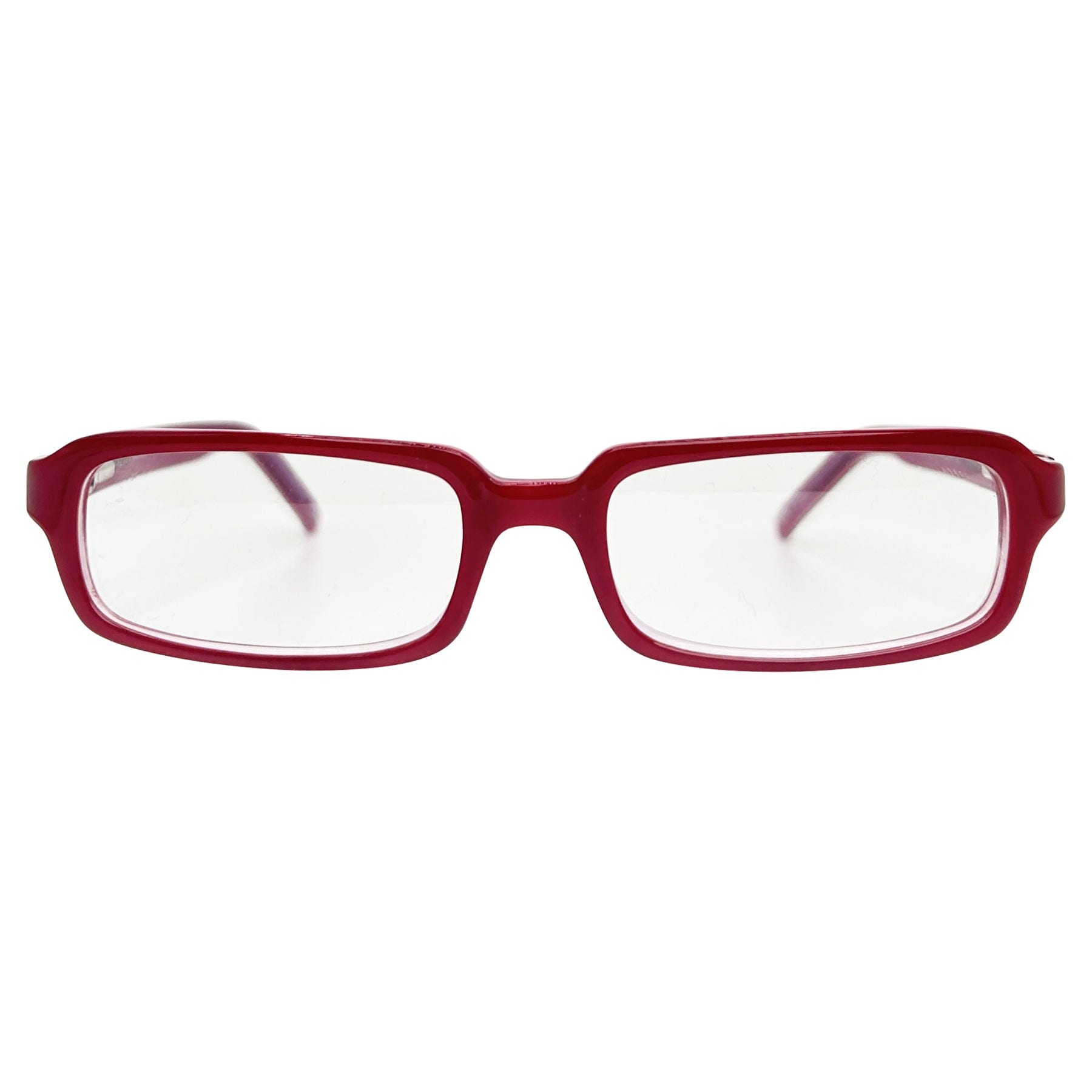 red vintage glasses with a small rectangular frame and bayonetta-style