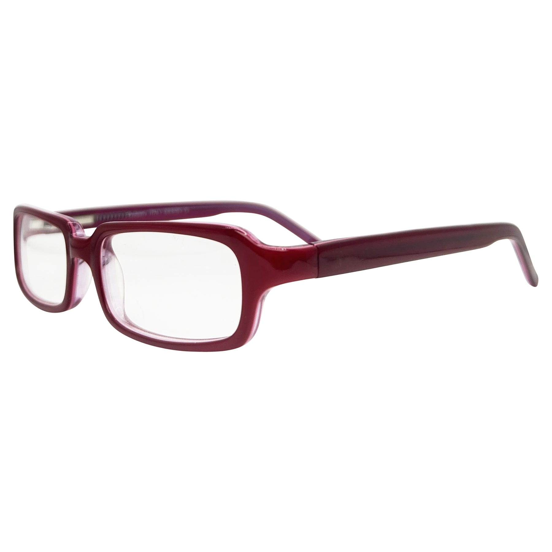 cherry colored glasses with a rectangular bayonetta-style frame with clear lens