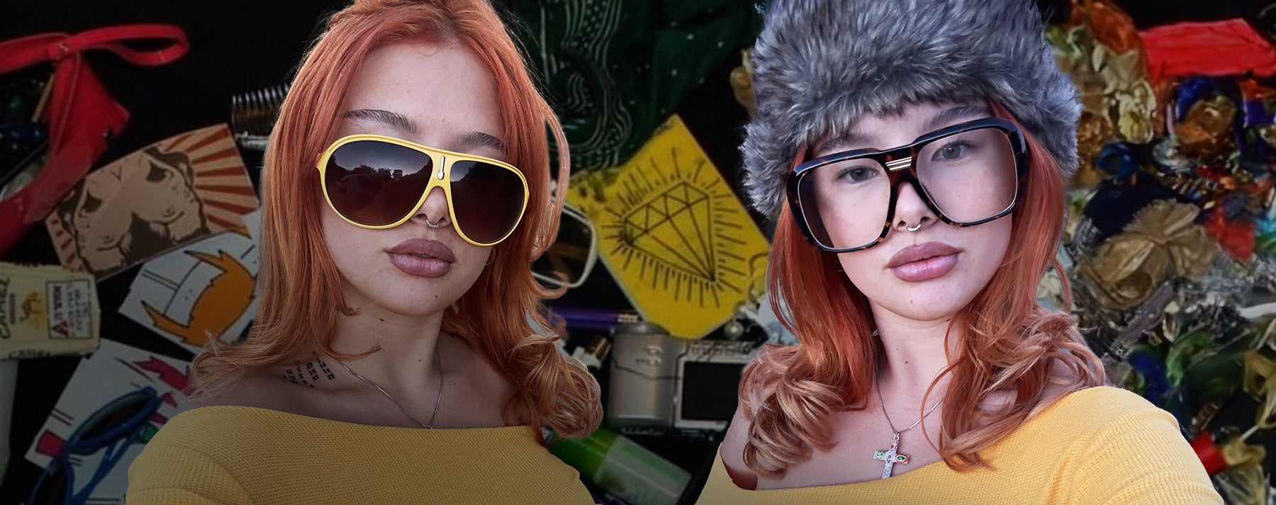 One woman wearing clear oversized glasses and the other woman wearing yellow aviator style sunglasses. Both are promoting the 