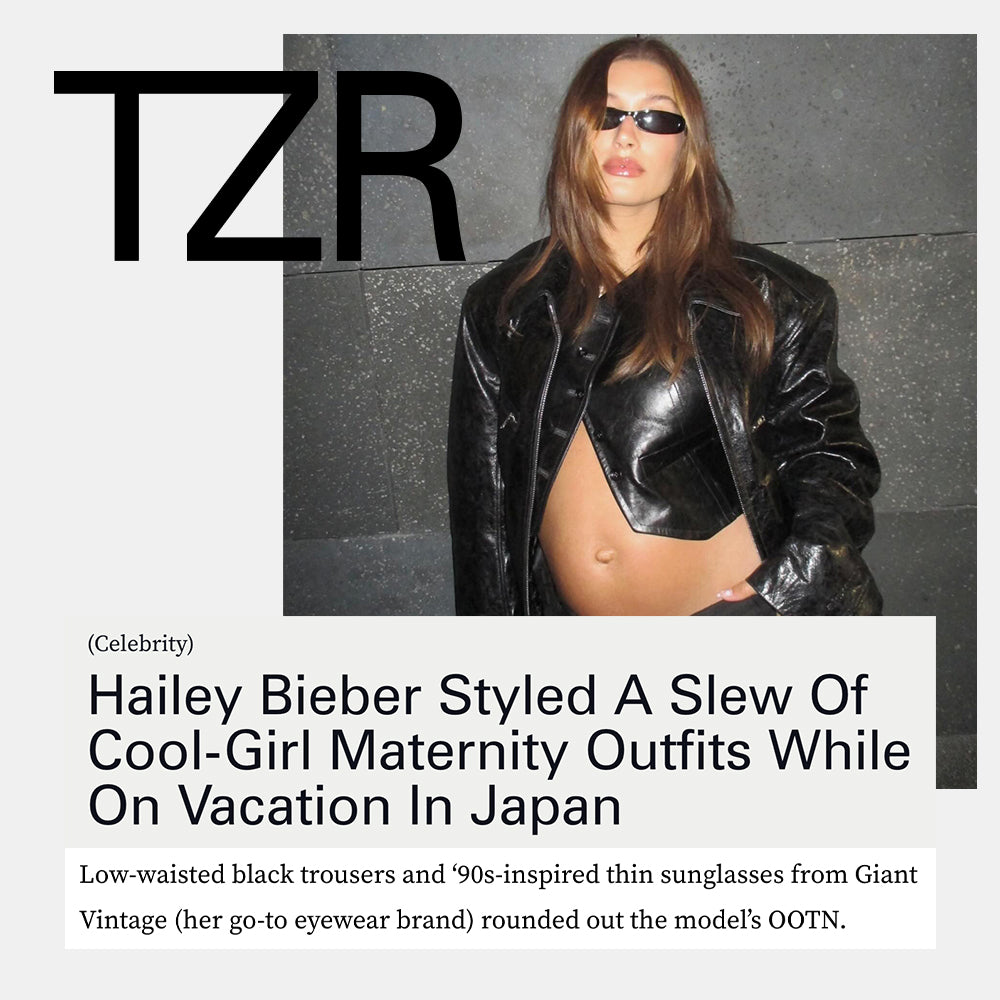 Hailey Bieber featured in The Zoe Report magazine article wearing Giant Vintage WEALTHY 90s sunglasses