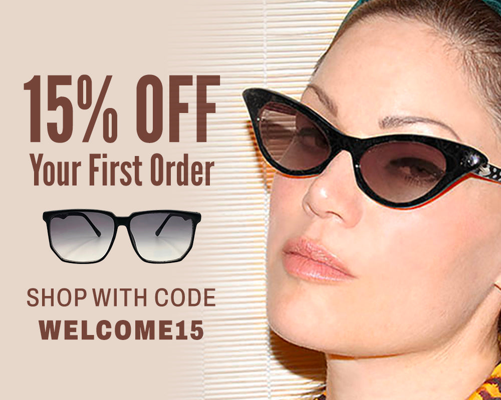 Image showing a model with Giant Vintage Sunglasses and 15% Off your first order with code WELCOME15